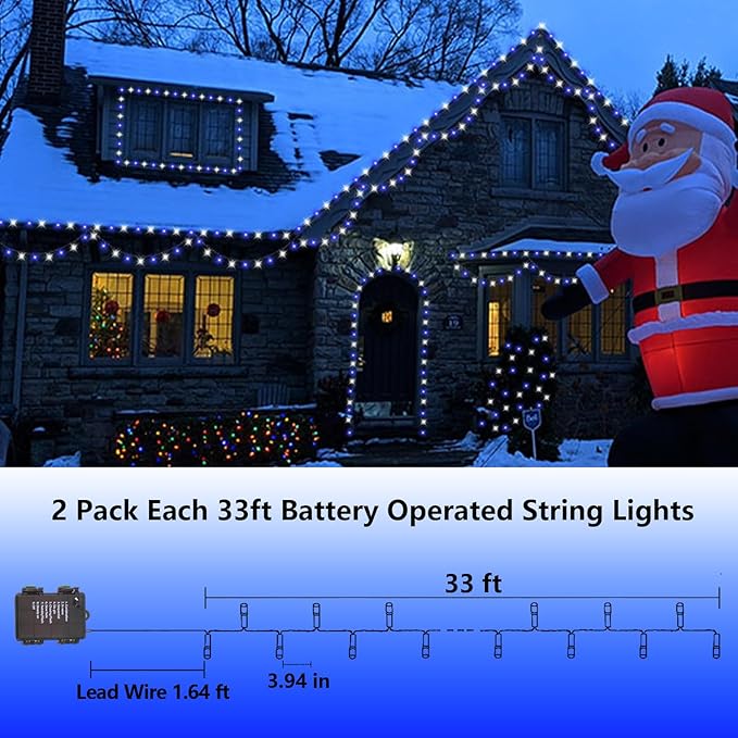 YEGUO Christmas Lights Battery Operated, 2 Pack Each 33ft 100 LED Blue and White String Lights Outdoor Waterproof, 8 Modes Green Wire Fairy Light Indoor with Remote
