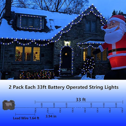 YEGUO Christmas Lights Battery Operated, 2 Pack Each 33ft 100 LED Blue and White String Lights Outdoor Waterproof, 8 Modes Green Wire Fairy Light Indoor with Remote
