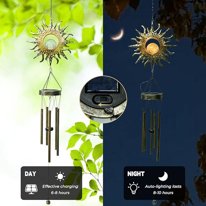 Ferrisland Solar Wind Chimes for Outside Clearance, Sun Windchimes Outdoors for Porch Patio with Crackle Glass Ball LED Light, Waterproof Metal Outdoor Hanging Decor for Women Wife Mom