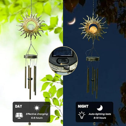 Ferrisland Solar Wind Chimes for Outside Clearance, Sun Windchimes Outdoors for Porch Patio with Crackle Glass Ball LED Light, Waterproof Metal Outdoor Hanging Decor for Women Wife Mom