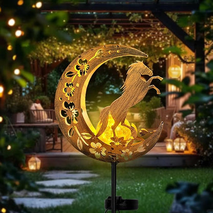 Solar Lights Outdoor Waterproof - Moon & Horse Landscape Lighting, Weatherproof SolarGarden Stakes with 8-10H Auto On/Off, Decorative Pathway Markers for Driveway/Walkway/Equestrian Farms