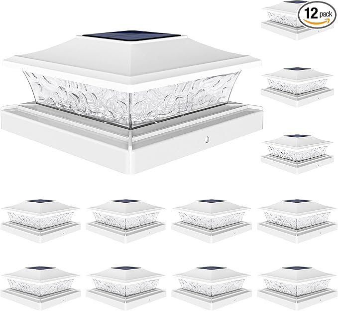 VOLISUN Solar Post Cap Lights Outdoor 4x4/6x6 Wooden/Vinyl Fence Cap Lights for Patio/Garden,Warm White with 2 Lighting Modes Waterproof,ABS Shell Lens White (12 Pack)