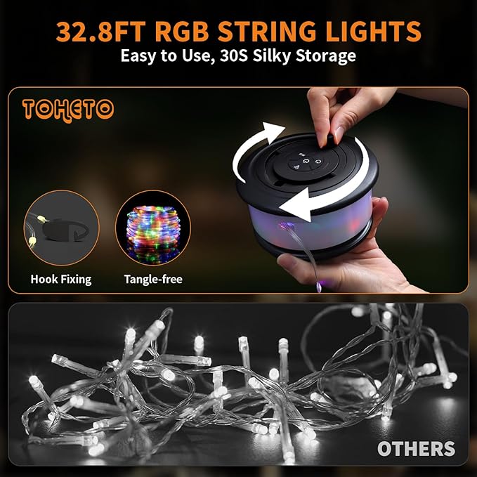 2-Pack Camping String Lights, 3 in 1 Upgraded Retractable RGB Outdoor String Lights with 19 Lighting Modes, Quick 30s Recovery, 32.8 FT Portable Tent Light, Rechargeable Camping Lantern (Black)