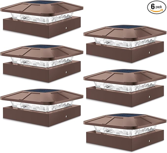 6-Pack Brown Solar Patio Post Lights, Outdoor LED Caps