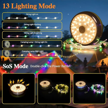 Camping String Lights, 4000mAh Rechargeable Tent Lights with 13 Lighting Modes, 32.8ft Retractable Waterproof Camp Light, Outdoor Portable Lights for Tent, Travel, Garden Decoration