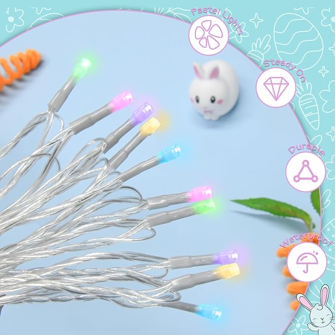 Easter String Lights Battery Operated, Pastel Easter Lights with Timer 9.8ft 30LED Transparent Wire Fairy Lights for Easter Decorations Garland Outdoor Indoor Party 2 Packs