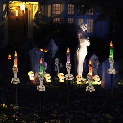 Halloween Candle Light Stakes, 5 Pack Skeleton Hands Hold Lighted Candle Pathway Makers, Waterproof Battery Operated with Timer, Light Up Figurine for Indoor Outdoor Holiday Party
