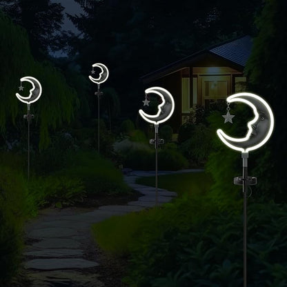 2pack Solar Moon Stars Lights Outdoor,Moom Solar Garden Lights Decor, Garden Outdoor Decorative,Solar Powered neon Lights for Pathway,Housewarming Ornament for Yard,Lawn,Patio(Silver)