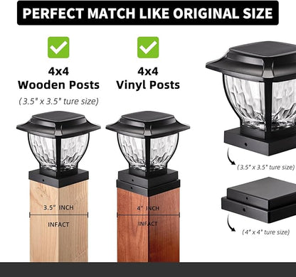 Solar Post Cap Lights Outdoor, Glass Deck Fence Post Cap Light Solar Powered for 4x4 Vinyl/Wooden Posts, Solar Lamp Post Light with 2 Lighting Modes for Patio Garden, Bright Warm White (2 Pack)