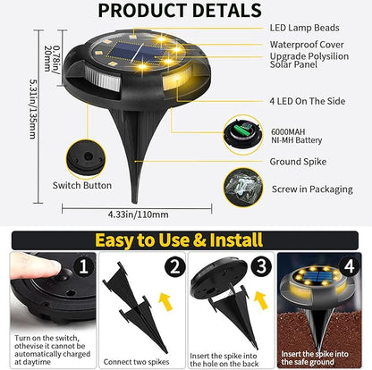 Solar Ground Lights Outdoor Waterproof, 8 Pack 12 LEDs Solar Garden Disk Lights Landscape Lighting for Outside Pathway Deck Yard Patio Lawn Driveway Walkway Deco (Warm Lights)