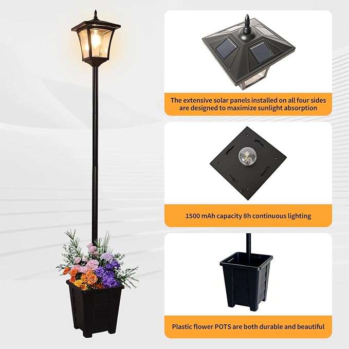 Outdoor Solar Post Lights, 59" Dusk to Dawn Solar Lamp Post, Waterproof Solar Floor Lamps, Warm White Pole Lights with Planter for Patio, Backyard, Lawn, Garden
