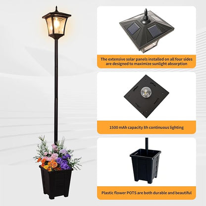 Outdoor Solar Post Lights, 59" Dusk to Dawn Solar Lamp Post, Waterproof Solar Floor Lamps, Warm White Pole Lights with Planter for Patio, Backyard, Lawn, Garden