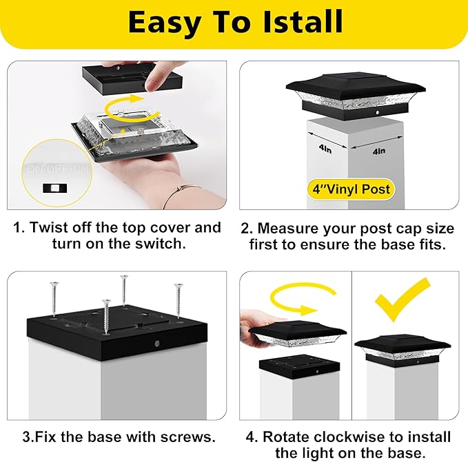 T-SUN 4x4 Solar Post Cap Lights Outdoor 24 Pack, Warm White LED Fence Post Solar Lights Fit for 4x4 Vinyl Posts, Waterproof Deck Light Solar Powered for Garden Patio Gate Porch