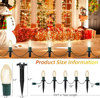 45Ft C9 Led Christmas Pathway Lights Outdoor, 30 Warm White Bulbs Waterproof Connectable Christmas Walkway Lights for Driveway, Yard, Lawn, Sidewalk Decorations