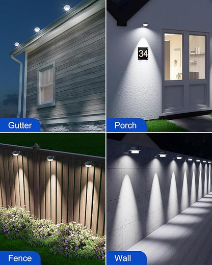 4 Pack White Solar Powered Gutter Lights Outdoor Decorative Waterproof Led Fence Lamp for Lighting Railing, Outside Wall, Deck, Garden, Path, Backyard, Sidewalk, Yard, Patio, No Drilling Installation