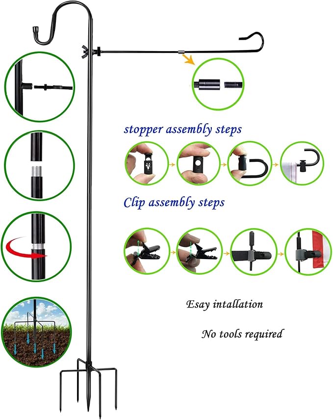 Large flag pole holder for outside house,Akeydeco house Flag Pole 1 Pack 60 Inch for 28 x 40 Flags with Shepherds Hooks for Outdoor Bird Feeder Pole with 5 Prongs Base(Without Solar Lights Flag)