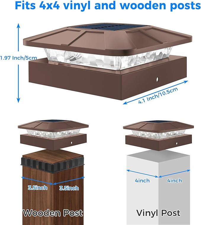 Peasur 4x4 Solar Post Cap Lights Outdoor with 3 Modes, 8 Packs Brown Fence Light Solar Powered Waterproof, Wood/Vinyl Posts Caps Lights for Deck Yard Garden Patio Porch Railing Outside