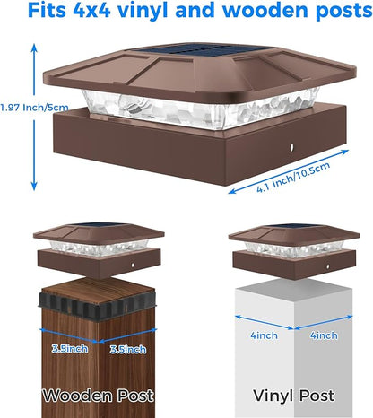 Peasur 4x4 Solar Post Cap Lights Outdoor with 3 Modes, 8 Packs Brown Fence Light Solar Powered Waterproof, Wood/Vinyl Posts Caps Lights for Deck Yard Garden Patio Porch Railing Outside