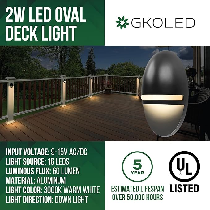 GKOLED 2-Pack Low Voltage LED Post Light, Outdoor Waterproof Landscape Deck Lights with 2W Integrated LED Chips, 9-15V AC/DC, 3000K, Die-cast Aluminum, Matte Black Powder Coated Finish