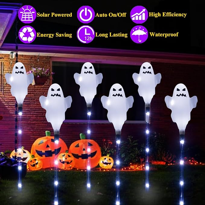 6 Pack Solar Halloween Ghosts Outdoor Decorations, Solar Halloween Lights Outdoor Waterproof, Pathway Lights for Outside Garden Patio Yard Lawn Party Walkway Grave Ghost Decor