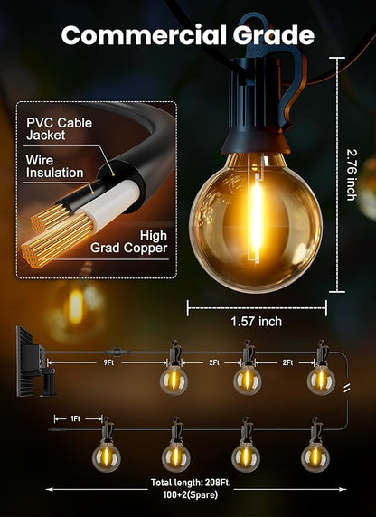 Brightown 208ft Solar String Lights, 102 Shatterproof LED Bulbs with Remote Control, Outdoor Patio & Cafe Lights