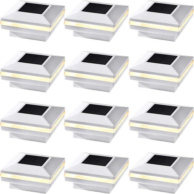 Dynaming 12 Pack Solar Post Lights, Outdoor Solar Powered Decorative Post Cap Light, White Shell & Warm White LED Lighting for Fence Deck Patio, Only Fit 3.5"x3.5" Wooden Posts