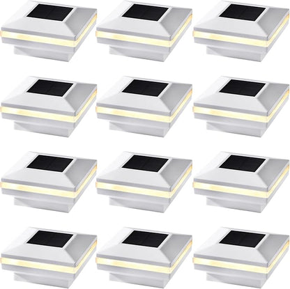 Dynaming 12 Pack Solar Post Lights, Outdoor Solar Powered Decorative Post Cap Light, White Shell & Warm White LED Lighting for Fence Deck Patio, Only Fit 3.5"x3.5" Wooden Posts