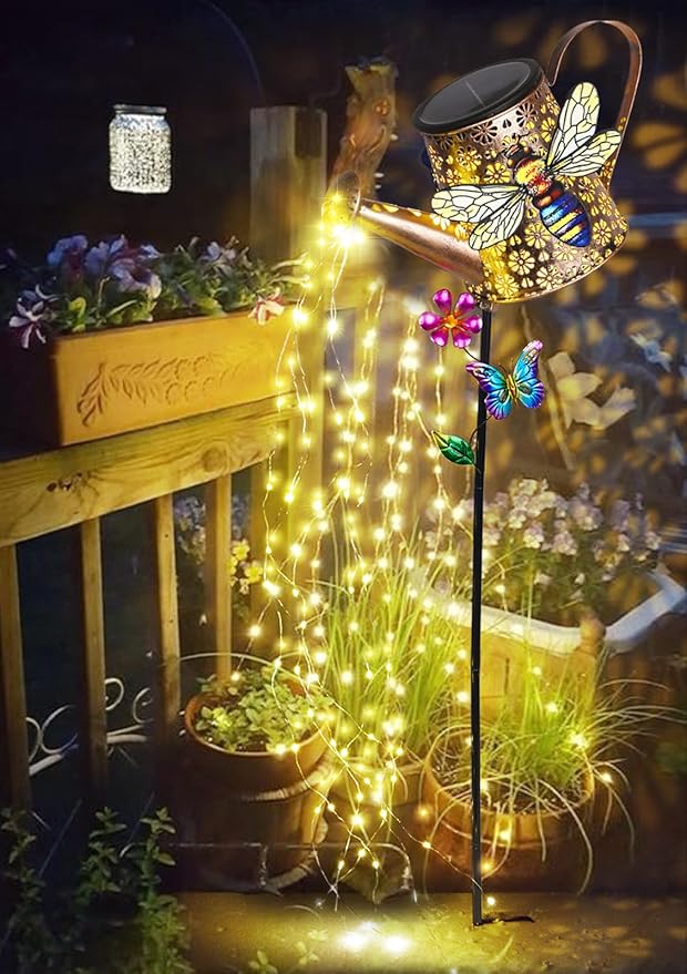 Solar Watering Can with Lights Outdoor Garden, 41in Large Bee Garden Stake Lights, Waterproof Decoration for Yard Lawn Pathway, Gifts for Mom Grandma Women Birthday Gardening Gift