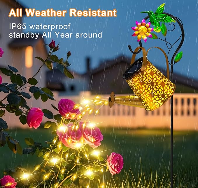 Christmas Gifts Solar Metal Watering Can with Hummingbird Shepherd Hook and Cascading Lights, Outdoor Solar Lantern for Garden, Yard, Patio Decor and Gardening Gifts for Women Mother's Day
