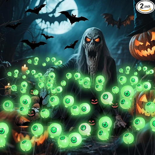 Solar Halloween Decorations Pathway Lights, 2 Packs 16 LED Green Halloween Eyeballs Waterproof Light, Swaying Scary Eye Firefly Outdoor Solar Lights for Yard Garden Lawn Path