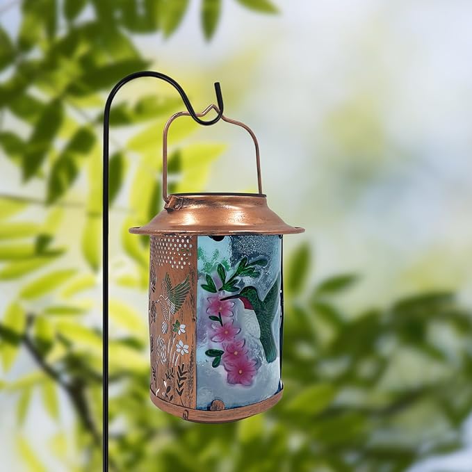 10" H Hummingbird Solar Lanterns Outdoor, Metal Glass Hanging Solar Lamp with Hollow Out Retro Hummingbird Lights, Decorative for Garden Yard Patio Pathway Tabletop Gifts