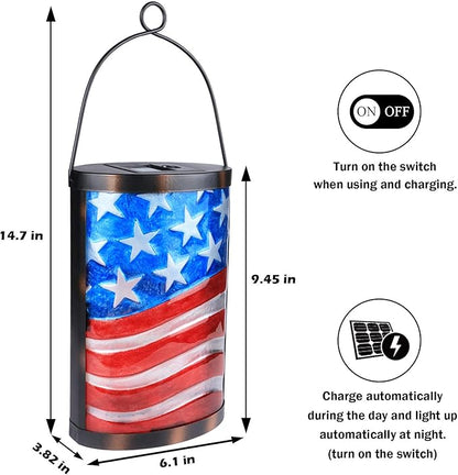 Afirst Solar Lantern Outdoor Hanging Glass Solar American Flag Lights Waterproof Led Lamp for Garden Yard Tree Desk Decor