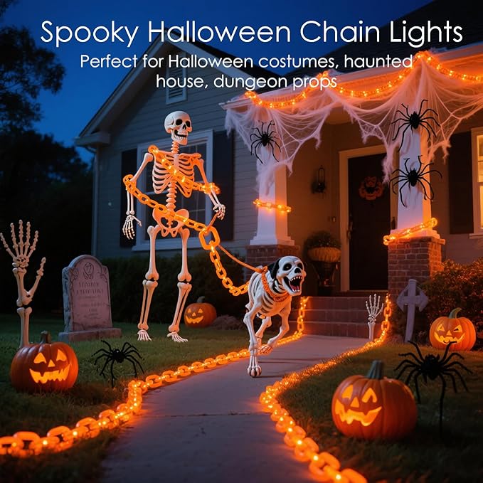 10Ft Battery Operated Plastic Chain Lights for Halloween Decorations, 8 Modes Timer Orange Halloween String Lights Waterproof Lighted Props Chains for Skeleton Dog, Haunt House,Costumes Party Decor