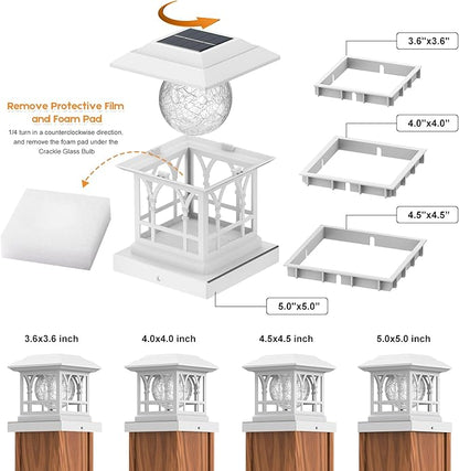 Fence Post Solar Lights, Crackle Glass Solar Post Cap Lights, 20 Lumens, Warm White & RGB Automatic Cycling 2 Modes for 3.6x3.6 4x4 4.5x4.5 5x5 Vinyl Wooden Posts Decoration, White (2 Pack)