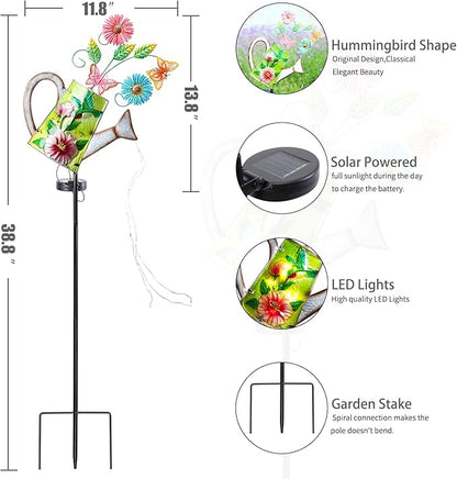 Bshine Solar Watering Can Light, Hummingbird Metal Solar Light, Waterproof Outdoor Garden Decor for Porch Path Lawn Yard Art, Gardening Gift for Women, Mom Birthday, Outdoor Valentine's Day Decor