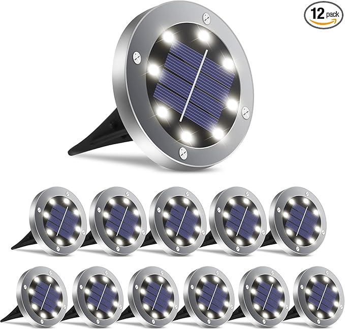 Solar Lights Outdoor Waterproof,12Pack Durable Solar Ground Lights for Landscape Lighting, Decorative Disk Lights for Outside Garden, Patio, Pathway and Yard (White Light)
