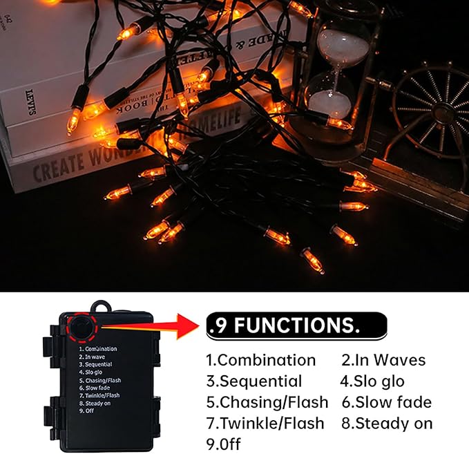 Battery Operated Halloween Lights - 2 Pack 50 LED Orange Mini String Lights for Small Tree, Wreath, Crafts, Indoor/Outdoor Halloween Decor, 8 Modes & Memory Function, 18.3 Feet Black Wire