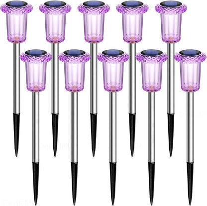 DenicMic Solar Lights Outdoor 10 Pack Waterproof Purple LED Stainless Steel Stake Outside Lights for Yard Pathway Garden Driveway Walkway Landscape Path Lighting Halloween Decorations Outdoor