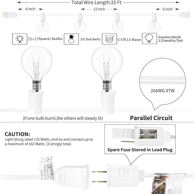 25ft LED Patio String Lights, Waterproof Outdoor