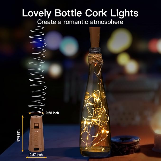 Brightown 10 Pack 7ft Battery Operated Wine Bottle Lights with Cork 20 LED Bulbs, Warm White Glow, Waterproof, Flexible Silver Wire, Lovely for Liquor Bottles DIY Party Christmas Wedding Décor