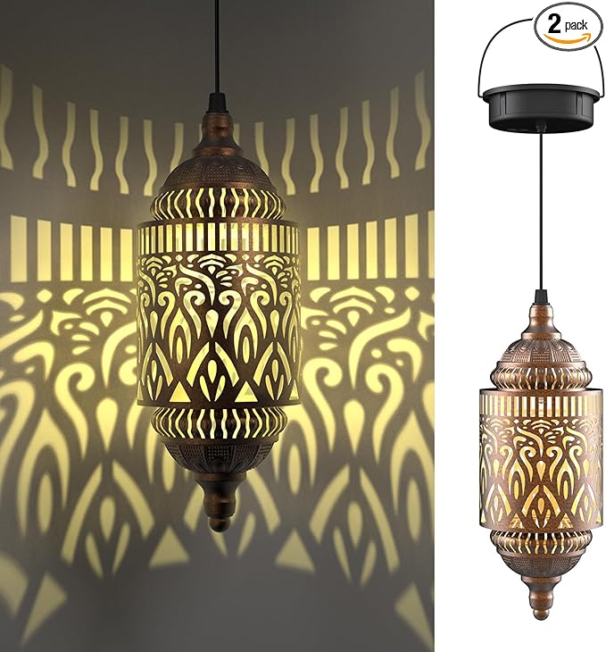 Twinkya 2Pack Hanging Solar Lights Outdoor Garden Decor, Waterproof Metal Moroccan Solar Powered Lantern Lamp, Outside Decorations for Patio Yard Porch Backyard Decor, Gardening Gifts for Women Mom