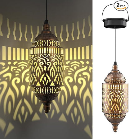 Twinkya 2Pack Hanging Solar Lights Outdoor Garden Decor, Waterproof Metal Moroccan Solar Powered Lantern Lamp, Outside Decorations for Patio Yard Porch Backyard Decor, Gardening Gifts for Women Mom