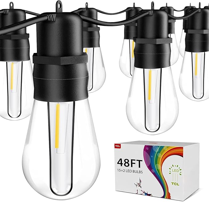 walsport 49FT LED Outdoor String Lights with S14 Shatterproof Plastic Bulbs (15+2 Spare) – ETL Listed IP65 Waterproof Patio Lights for Backyard, Cafe, Garden, Party Outdoor Lighting