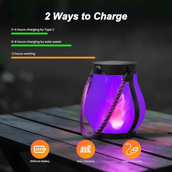 Hompavo Gen2 Solar Lanterns Outdoor with Ultra-Real Flame, Dual Charging (USB/Solar) & 2 Modes - Waterproof Decorative Hanging/Table Lights for Patio Garden Halloween Decorations, 2/Purple