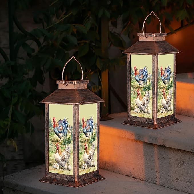 Solar Lanterns for Garden Decor,Waterproof Design Ideal Birthday Gifts for Women, Mom, and Grandma Solar LED Hanging Lights for Yard, Patio, Lawn, and Porch(Rooster + Hen)