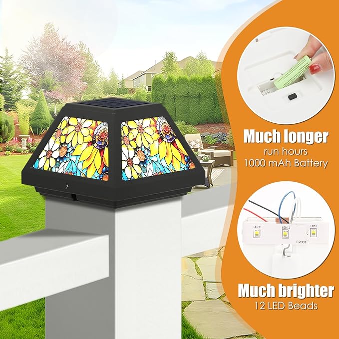 Solar Post Cap Lights - 4x4, 5x5, 6x6 Fence Post Solar Lights, Sunflower Lampshade, 15LM Bright LED, IP65 Waterproof Outdoor Post Lights for Garden, Yard, Deck, Warm White (Sunflower, 4)