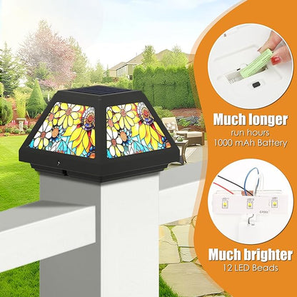 Solar Post Cap Lights - 4x4, 5x5, 6x6 Fence Post Solar Lights, Sunflower Lampshade, 15LM Bright LED, IP65 Waterproof Outdoor Post Lights for Garden, Yard, Deck, Warm White (Sunflower, 4)
