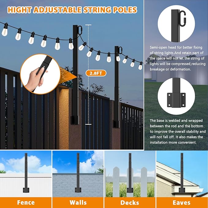 8-Pack 8ft String Light Poles, Heavy-Duty Metal Stands
