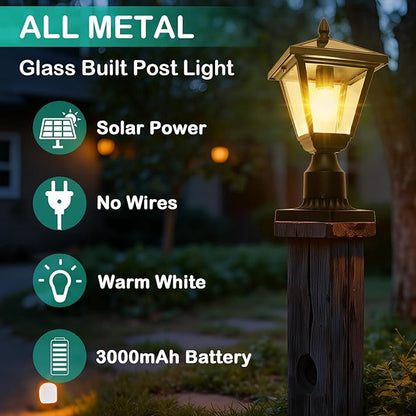 Solar Post Lights Outdoor – No Wiring Required, Auto Dusk to Dawn Fence & Pillar Light for Backyard, Garden, Pathway, Metal and Glass Built Weather Resistant Post Lamp Lights (Warm White)