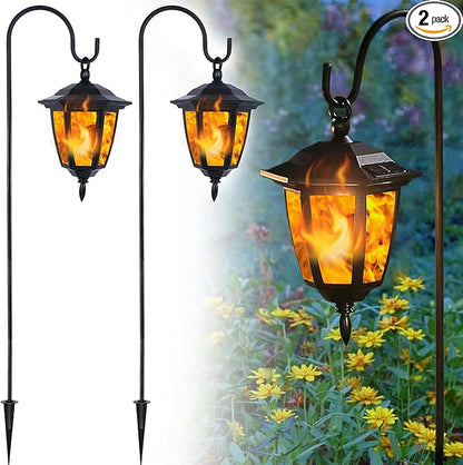 Dynaming 2 Pack Solar Flame Hanging Lights Outdoor, Halloween Solar Flickering Flame LED Garden Lanterns with 2 x 38 Inch Shepherd Hooks, Christmas Lighting for Lawn Patio Yard Pathway Driveway